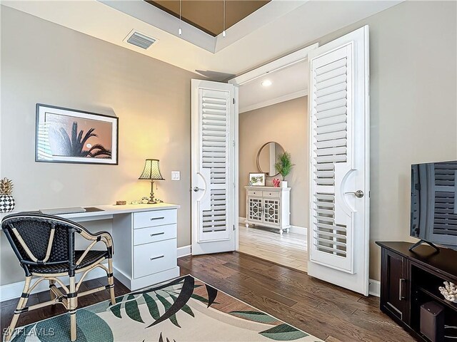 office area with dark wood-type flooring