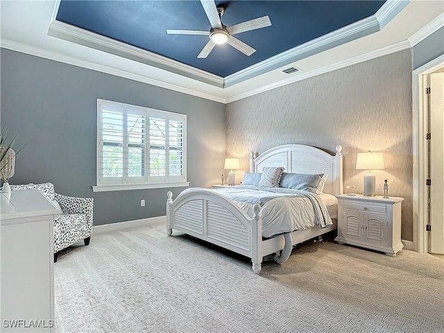 20462 Misty Woods Ct, Estero, FL 33928 - bedroom featuring a tray ceiling, light colored carpet, crown molding, baseboards, and a ceiling fan