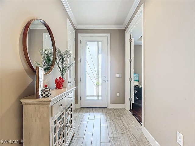 20462 Misty Woods Ct, Estero, FL 33928 - entryway featuring crown molding, baseboards, and wood finish floors