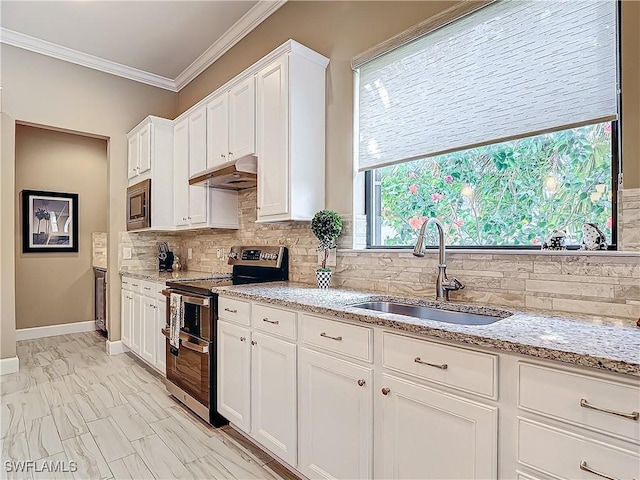 20462 Misty Woods Ct, Estero, FL 33928 - kitchen featuring stainless steel appliances, a sink, under cabinet range hood, decorative backsplash, and ornamental molding