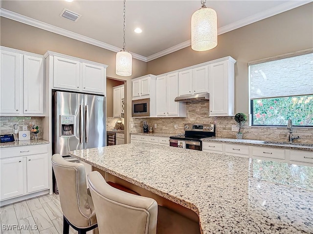 20462 Misty Woods Ct, Estero, FL 33928 - kitchen with appliances with stainless steel finishes, a sink, under cabinet range hood, white cabinetry, and backsplash