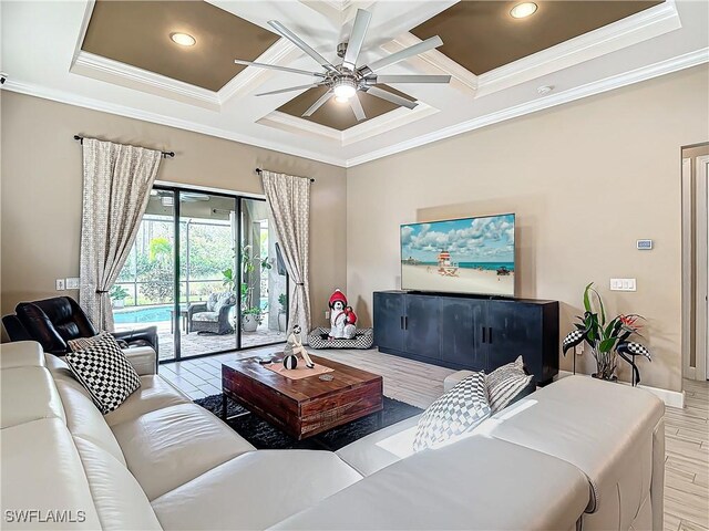 20462 Misty Woods Ct, Estero, FL 33928 - living room with crown molding, coffered ceiling, ceiling fan, beam ceiling, and recessed lighting