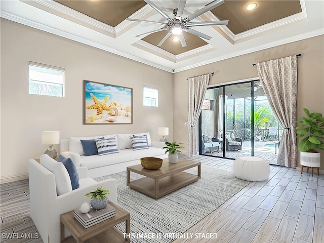 20462 Misty Woods Ct, Estero, FL 33928 - living area with ornamental molding, coffered ceiling, healthy amount of natural light, a ceiling fan, and wood tiled floors