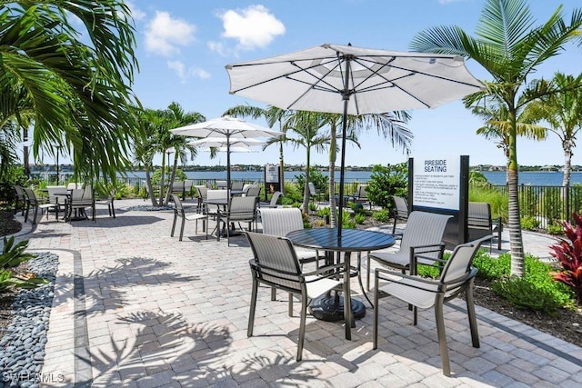 view of patio / terrace featuring a water view