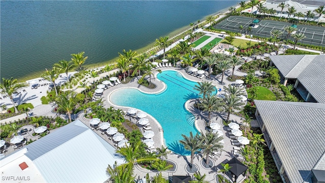 birds eye view of property featuring a water view