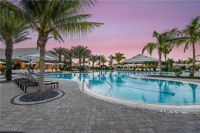 pool at dusk featuring a patio area