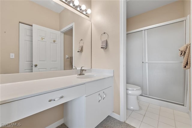 bathroom featuring tile patterned flooring, vanity, toilet, and a shower with door