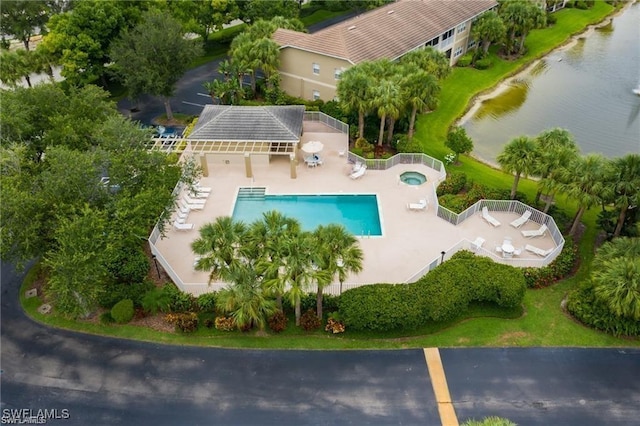 aerial view featuring a water view