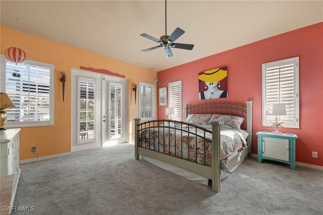 bedroom with carpet, ceiling fan, and access to outside