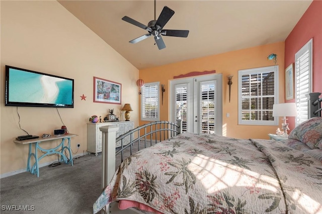 bedroom with french doors, vaulted ceiling, carpet flooring, ceiling fan, and access to exterior