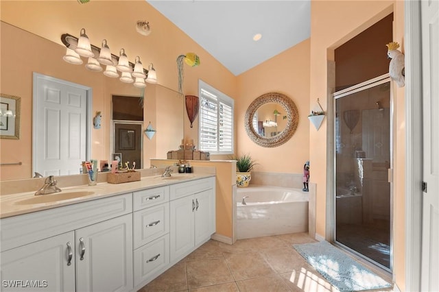 bathroom featuring tile patterned flooring, vanity, independent shower and bath, and lofted ceiling