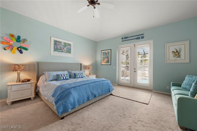 carpeted bedroom with ceiling fan, access to exterior, and french doors