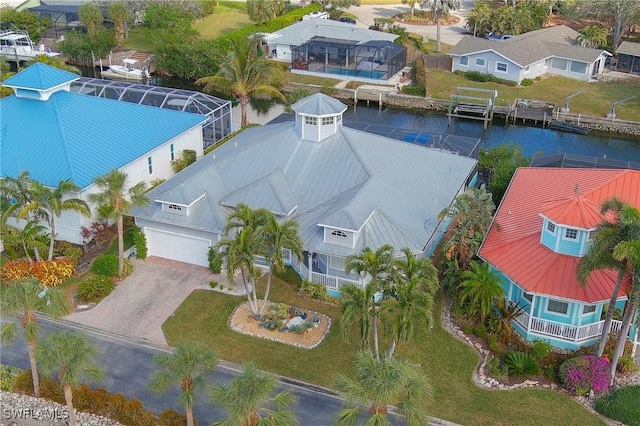 bird's eye view with a water view