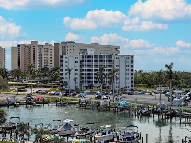 property view of water with a dock