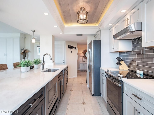 kitchen with appliances with stainless steel finishes, a tray ceiling, sink, pendant lighting, and wooden ceiling