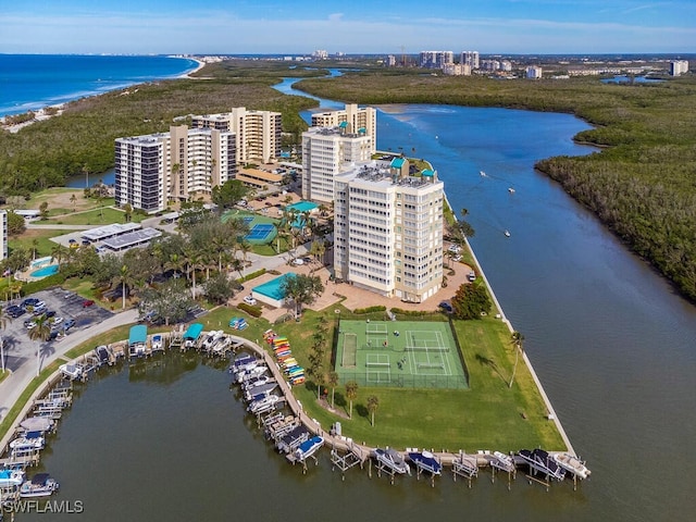 drone / aerial view with a water view