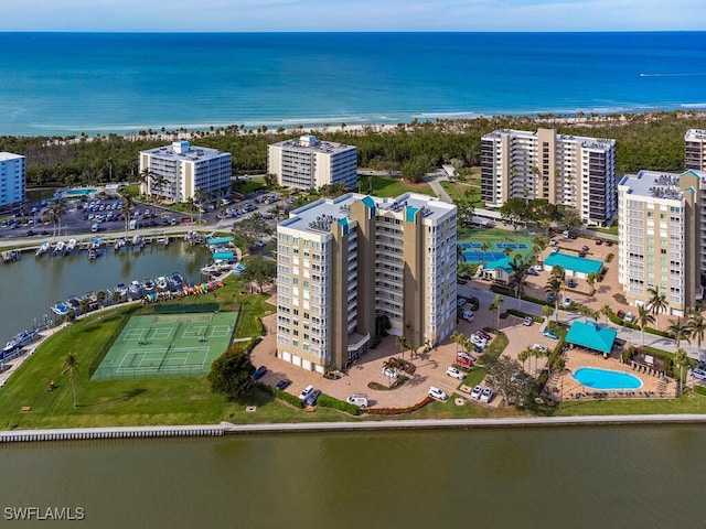 drone / aerial view with a water view