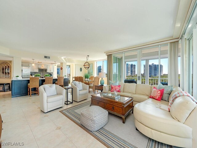 living room featuring light tile patterned floors