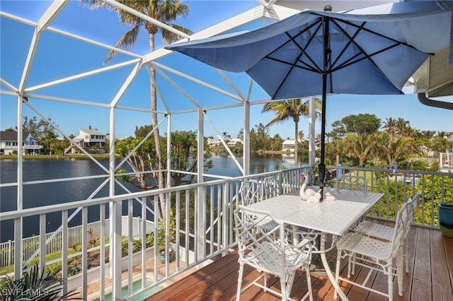 deck featuring a water view