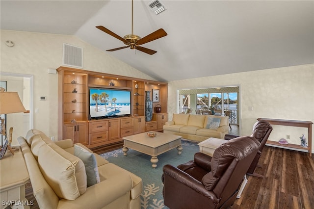 living room with ceiling fan, dark wood-type flooring, and vaulted ceiling