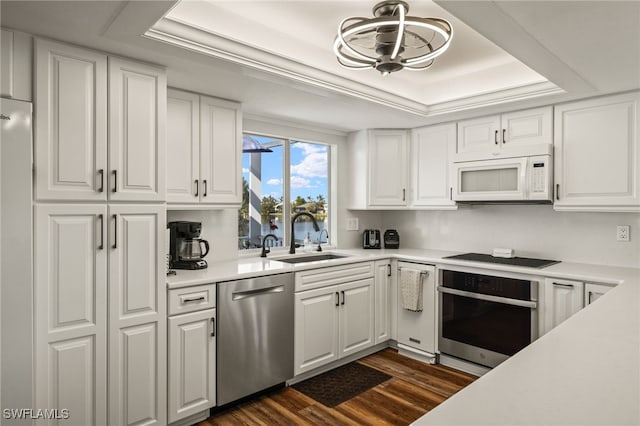 kitchen featuring appliances with stainless steel finishes, a tray ceiling, sink, dark hardwood / wood-style floors, and white cabinetry