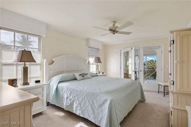 bedroom with ceiling fan, crown molding, light carpet, and access to outside