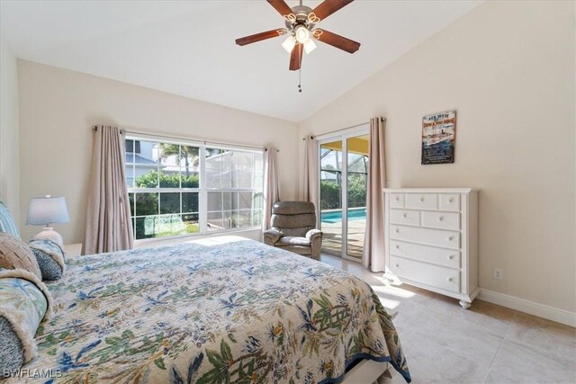 bedroom with vaulted ceiling, ceiling fan, and access to exterior