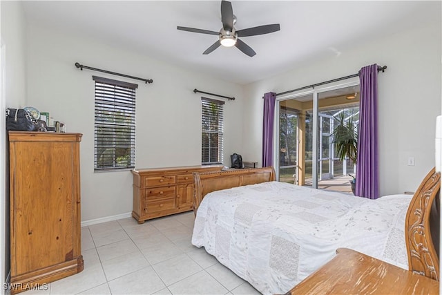 tiled bedroom featuring access to exterior and ceiling fan