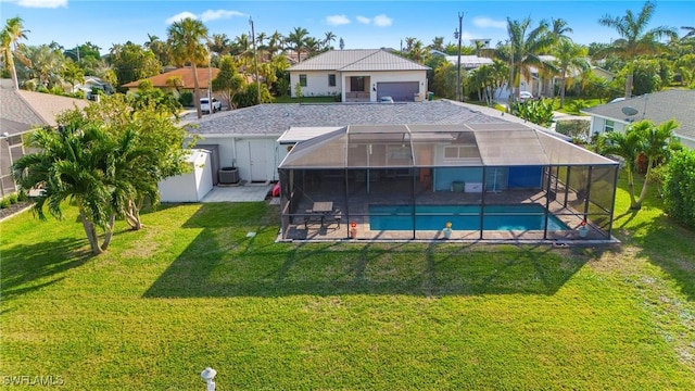 back of property featuring cooling unit, glass enclosure, a patio area, a yard, and a fenced in pool