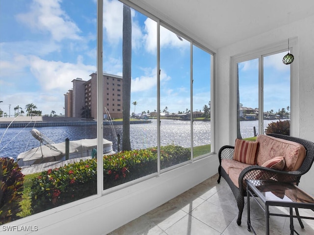 sunroom with a water view