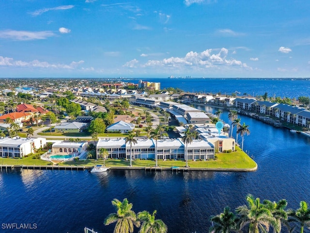 drone / aerial view featuring a water view