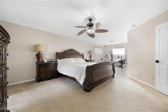 bedroom with light carpet and ceiling fan