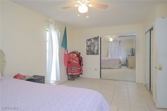 bedroom featuring ceiling fan and light tile patterned floors