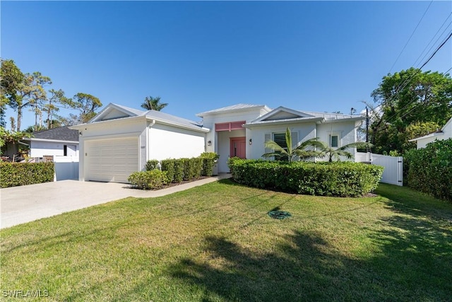 single story home with a front yard and a garage