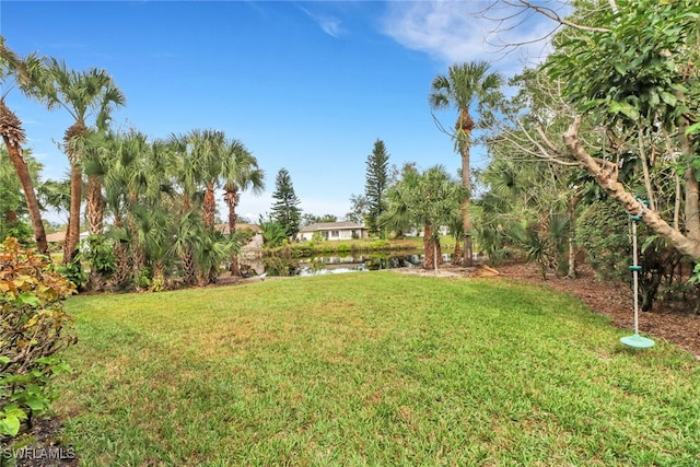 view of yard with a water view