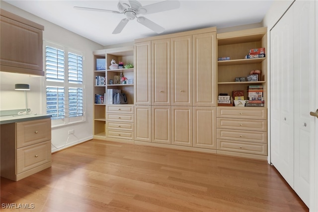 unfurnished office featuring ceiling fan, light wood-type flooring, and a wealth of natural light