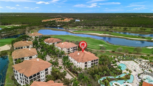 birds eye view of property featuring a water view