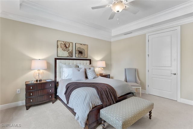 2550 Marquesa Royale Ln Unit 8-101, Naples, FL 34109 - bedroom with carpet floors, crown molding, baseboards, a raised ceiling, and a ceiling fan