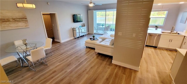 living room with ceiling fan, sink, a wealth of natural light, and light hardwood / wood-style flooring