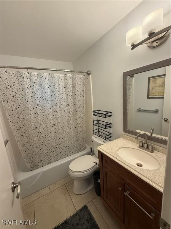 full bathroom with toilet, vanity, tile patterned floors, and shower / bath combination with curtain