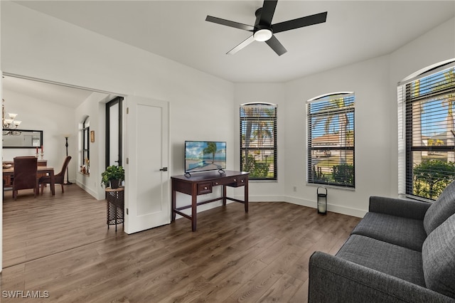 interior space with hardwood / wood-style floors and ceiling fan with notable chandelier