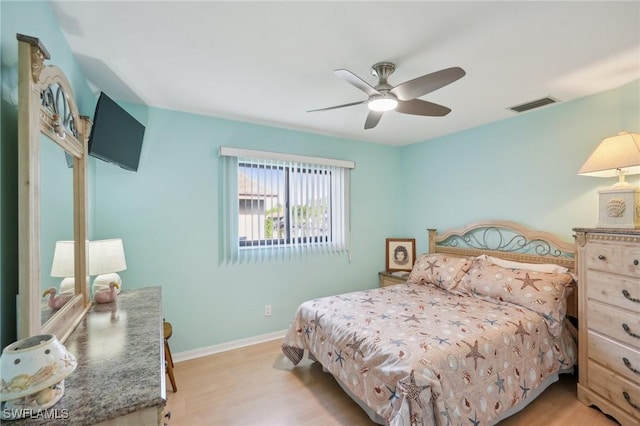 bedroom with ceiling fan and light hardwood / wood-style floors