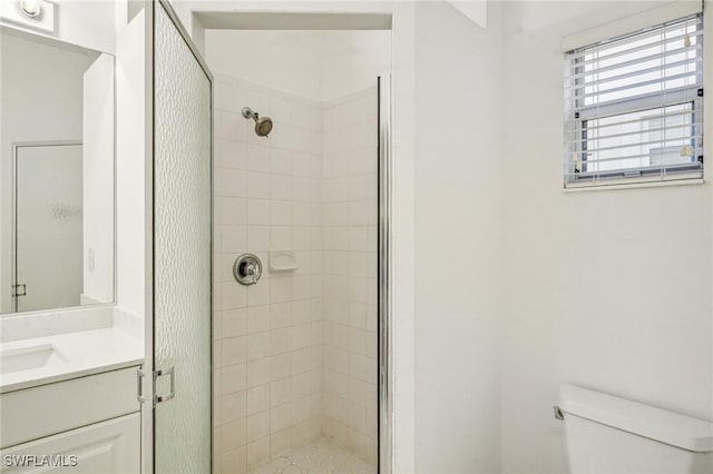 bathroom with vanity, a shower with shower door, and toilet