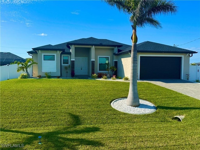 view of front of house with a garage and a front lawn