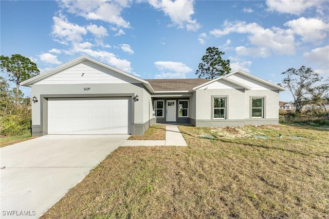 single story home featuring concrete driveway, stucco siding, a garage, and a front lawn