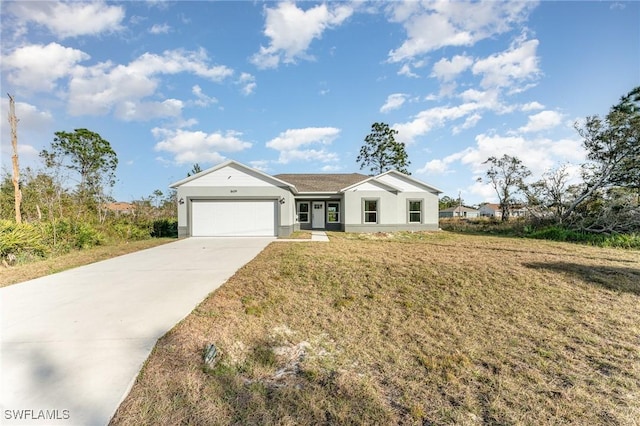 ranch-style house with a garage and a front lawn