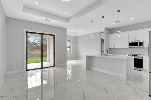 kitchen with white cabinets, a raised ceiling, hanging light fixtures, an island with sink, and appliances with stainless steel finishes