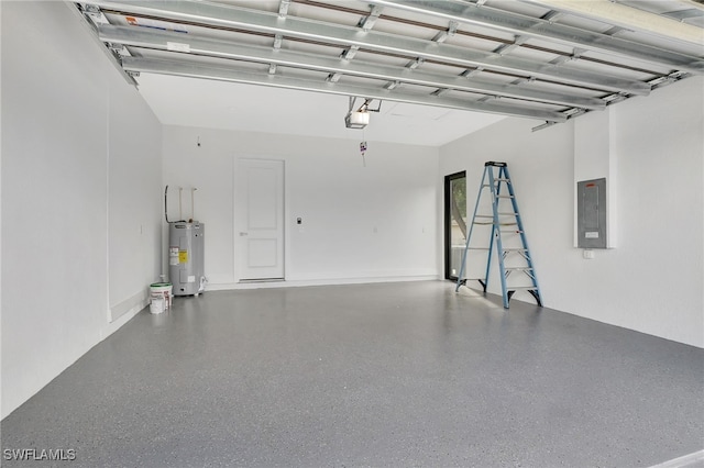 garage featuring electric panel, electric water heater, and a garage door opener