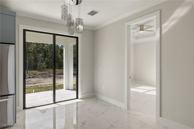 interior space with crown molding, a healthy amount of sunlight, and ceiling fan with notable chandelier