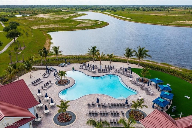 view of pool featuring a water view